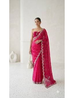 HANDME - Royal Pink Hand-Embroidered Luxe Saree