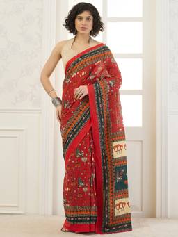 InWeave - Red Peacock And Lotus Motif Saree
