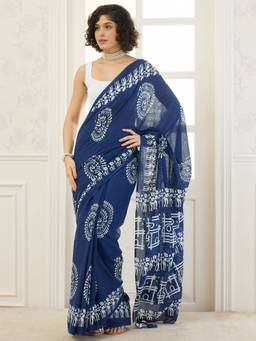 InWeave - Navy Blue Mandala Print Saree