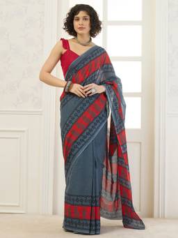 InWeave - Grey Printed Border Saree
