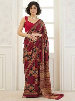 InWeave - Maroon Solid Printed Patch Saree
