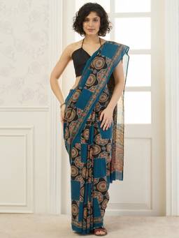 InWeave - Indigo Solid Printed Patch Saree