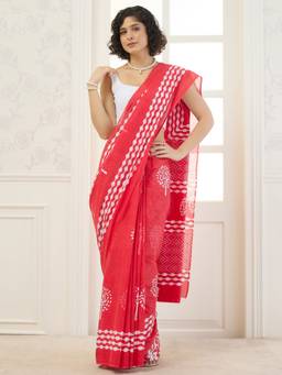 InWeave - Red Tree Block Print Border Saree