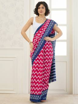 InWeave - Pink Chevron Blue Border Saree