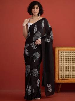 InWeave - Black Base White Print Saree