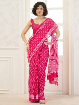 InWeave - Pink Small Motif White Border Saree