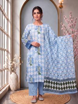 Yufta - Blue Cotton Floral Kurta with Pant and Dupatta
