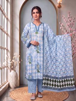 Yufta - Cotton Blue Floral Kurta with Pant and Dupatta