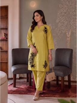 Yufta - Yellow Silk Embroidered Kurta with Pant