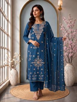 Yufta - Navy Blue Silk Embroidered Kurta with Pant and Dupatta