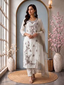 Yufta - Off White Silk Embroidered Kurta with Pant and Dupatta
