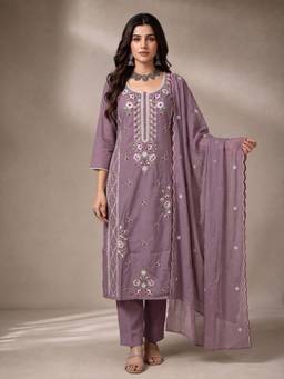 Yufta - Mauve Chanderi Embroidered Kurta with Pant and Dupatta