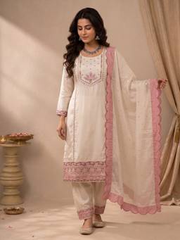 Yufta - Off White Silk Embroidered Kurta with Pant and Dupatta