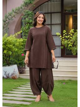 Aravalii - Women Plain Chocolate Brown Cotton Co-ord Set