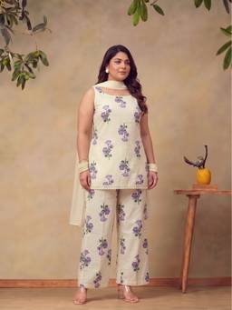 Bani Women - Plus Size White Cotton Sleeveless Kurta with Pant and Dupatta