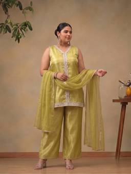 Bani Women - Yellow Plus Size Silk Blend Festive Kurta with Pant and Dupatta