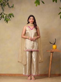 Bani Women - Gold Embroidered Kurta with Pant and Dupatta