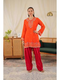 HOUSE OF KARI - Orange Mix Sequin Chinnon Chiffon Embroidered Kurta with Pant