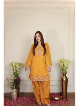 HOUSE OF KARI - Yellow Mix Sequin Mul Chanderi Silk Embroidered Kurta with Pant