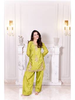 HOUSE OF KARI - Green Mix Sequin Chinnon Chiffon Embroidered Kurta with Pant