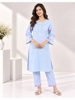 STUDIO MISRI - Sky Blue Floral Embroidered Kurta with Pant