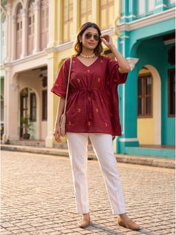 Vastara TheLabel - Maroon Embroidered Motif Organic Cotton Kaftan Top
