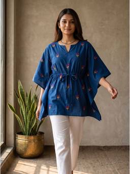 Vastara TheLabel - Navy Blue Embroidered Motif Organic Cotton Kaftan Top