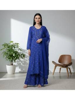 Khaka-The Chikankari Heritage - Women Blue Mirror Work Kurta with Sharara and Dupatta and Inner