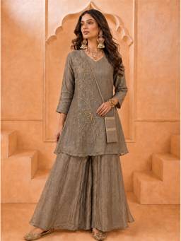 Yufta - Grey Tissue Embroidered Kurta with Palazzo and Pocket Bag