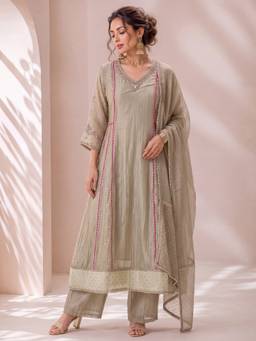 Yufta - Beige Tissue Embroidered Anarkali Kurta with Pant and Dupatta
