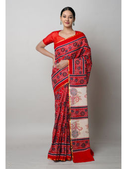 Unnati Silks - Dark Red Pure Ajrakh Printed Superfine Mulmul Cotton Saree with Unstitched Blouse