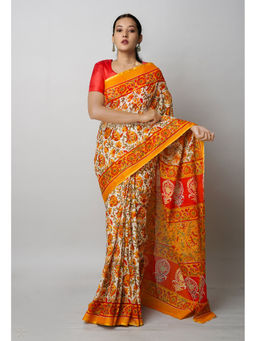Unnati Silks - Cream Pure Ajrakh Printed Superfine Mulmul Cotton Saree with Unstitched Blouse