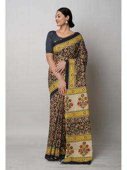 Unnati Silks - Black Pure Ajrakh Printed Superfine Mulmul Cotton Saree with Unstitched Blouse