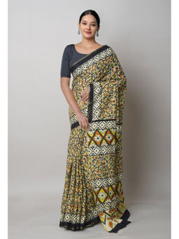 Unnati Silks - Cream Pure Ajrakh Printed Superfine Mulmul Cotton Saree with Unstitched Blouse