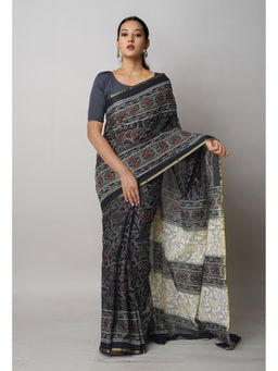 Unnati Silks - Black Pure Ajrakh Printed Superfine Mulmul Cotton Saree with Unstitched Blouse