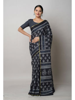 Unnati Silks - Black Pure Ajrakh Printed Superfine Mulmul Cotton Saree with Unstitched Blouse