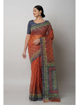 Unnati Silks - Rust Block Printed Meghalaya Saree with Unstitched Blouse