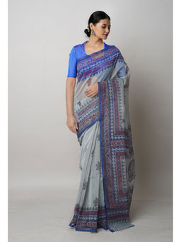 Unnati Silks - Grey Block Printed Meghalaya Saree with Unstitched Blouse