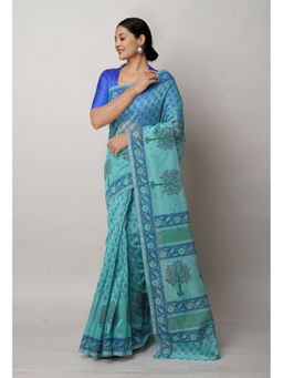 Unnati Silks - Turquoise Block Printed Meghalaya Saree with Unstitched Blouse