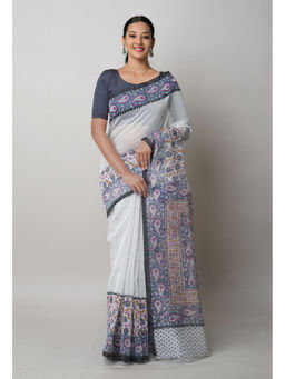 Unnati Silks - Pale Grey Block Printed Meghalaya Saree with Unstitched Blouse