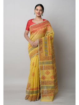 Unnati Silks - Yellow Block Printed Meghalaya Saree with Unstitched Blouse