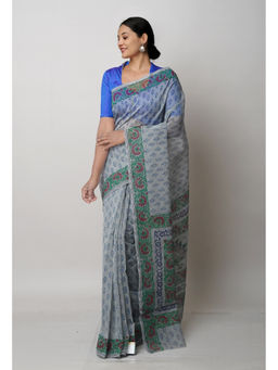 Unnati Silks - Dark Grey Block Printed Meghalaya Saree with Unstitched Blouse