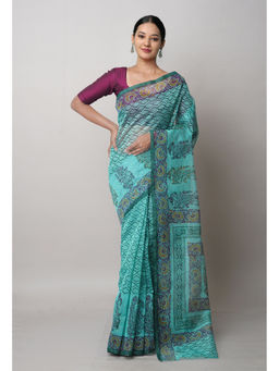 Unnati Silks - Light Green Block Printed Meghalaya Saree with Unstitched Blouse