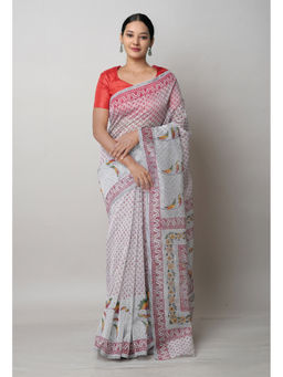 Unnati Silks - Pale Grey Block Printed Meghalaya Saree with Unstitched Blouse