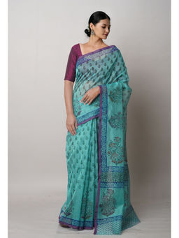 Unnati Silks - Turquoise Block Printed Meghalaya Saree with Unstitched Blouse