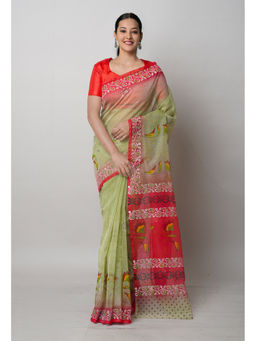 Unnati Silks - Olive Block Printed Meghalaya Saree with Unstitched Blouse