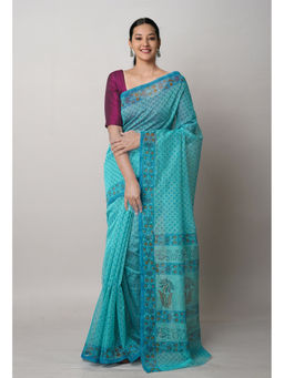 Unnati Silks - Turquoise Block Printed Meghalaya Saree with Unstitched Blouse