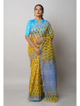 Unnati Silks - Yellow Block Printed Meghalaya Saree with Unstitched Blouse