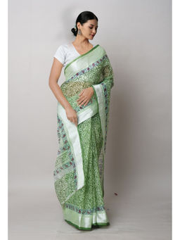Unnati Silks - Dark Green Pure Block Printed Kota Cotton Saree with Unstitched Blouse