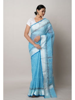 Unnati Silks - Blue Pure Block Printed Kota Cotton Saree with Unstitched Blouse